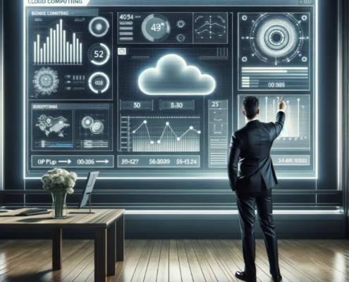 A photo realistic depiction of a business leader in a modern office, analyzing a cloud computing dashboard. The individual, dressed in professional attire, stands attentively in front of a large, high-resolution screen. The dashboard displays complex key metrics for business continuity, including uptime, data flow, and server status, presented in a sophisticated interface. The environment is well-lit and technologically advanced, emphasizing a professional and high tech atmosphere.
