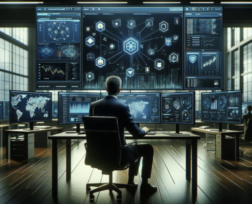 A photo realistic depiction of a virtual Chief Information Officer vCIO in a modern office. The vCIO, dressed in professional business attire, is focused on analyzing data on multiple large monitors displaying cybersecurity dashboards. These dashboards show complex network diagrams and real time threat analysis data. The office is sleek and well lit, equipped with state of the art technology, emphasizing the advanced nature of cybersecurity work.