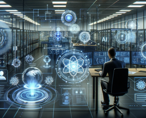A photo realistic depiction of a virtual Chief Information Officer vCIO in a modern, high-tech environment, overseeing the implementation of emerging technologies. The scene features elements representing artificial intelligence AI, with advanced computer interfaces and robotics; the Internet of Things IoT, illustrated by interconnected devices and sensors; and blockchain technology, symbolized by abstract representations of secure, decentralized networks or data blocks. The vCIO appears engaged, possibly examining screens or holographic displays that showcase these technological innovations in a futuristic and innovative setting.