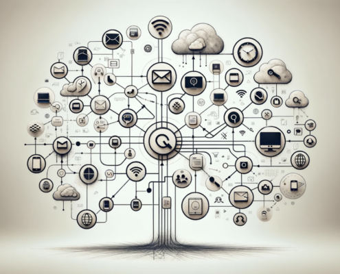 Similar to the first, this image provides a clear depiction of different communication channels merging into a Unified Communications platform. Icons representing email, voice, video, messaging, and social media are interconnected with sleek lines, all leading to a central hub. The design is straightforward and uncluttered, set against a simple background to highlight the integration of these diverse communication methods into a singular, cohesive system.