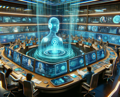 The image showcases a futuristic customer service center where AI and IVR (Interactive Voice Response) technologies are integrated seamlessly. It features a central holographic figure representing an advanced AI entity, surrounded by operators at workstations equipped with sophisticated computer interfaces. The environment is illuminated by neon and holographic displays, showing various data, analytics, and virtual customer interactions. The atmosphere is ultra-modern, highlighting a high-tech approach to customer service with a focus on efficiency, innovation, and advanced communication technologies.