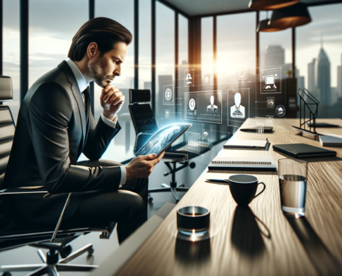 The image depicts a business leader in a modern, well-lit office setting, evaluating Voice over Internet Protocol (VoIP) services on a digital tablet. The individual is dressed in professional business attire and is focused on the tablet screen, which displays various VoIP options. The spacious office includes contemporary furniture, such as a sleek desk and an ergonomic chair. Subtle details like a glass of water, a notepad, and a stylish pen are placed on the desk, enhancing the corporate ambiance. A large window in the background offers a panoramic view of the city skyline, contributing to the overall atmosphere of professionalism, decision-making, and technology integration.