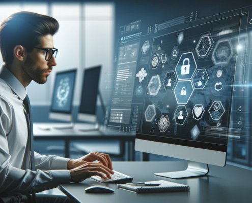 This photo realistic image features a cybersecurity expert in a modern office or data center, focusing intently on a computer screen. The screen displays various cybersecurity tools and interfaces, suggesting activities like data encryption and firewall management. The expert's professional demeanor reflects their expertise and the serious nature of their work in data protection. The setting is minimalistic, with an emphasis on the expert and their state-of-the-art equipment, underlining the critical role of cybersecurity in safeguarding sensitive information.