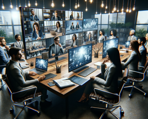 This image portrays a highly realistic scene of a professional team engaged in a virtual meeting. Multiple participants are visible on their individual screens, each screen vividly displaying the person in a dynamic, interactive setting. One of the screens prominently features a shared document, emphasizing the collaborative nature of the discussion. The participants are depicted as focused and actively engaged, with realistic expressions and professional attire, set against a modern office background. The composition captures the nuances of a real-life virtual meeting, highlighting effective communication through advanced video conferencing technology.