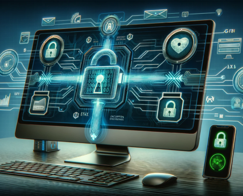 The image is a digital illustration of a secured eFax system. It depicts a sleek, modern computer interface showcasing various security features. Visible elements include locked padlocks, encrypted data streams represented by scrambled letters and numbers, and green lock icons indicating a secure connection.