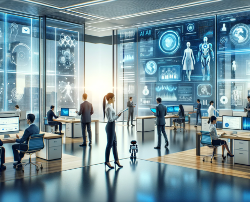 A futuristic office environment featuring professionals dressed in modern attire, interacting with advanced AI-integrated communication devices.