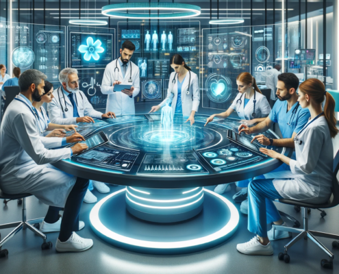 The image shows a modern healthcare team consisting of diverse professionals, including doctors, nurses, and technicians, collaborating around a high-tech, futuristic table.