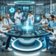 The image shows a modern healthcare team consisting of diverse professionals, including doctors, nurses, and technicians, collaborating around a high-tech, futuristic table.