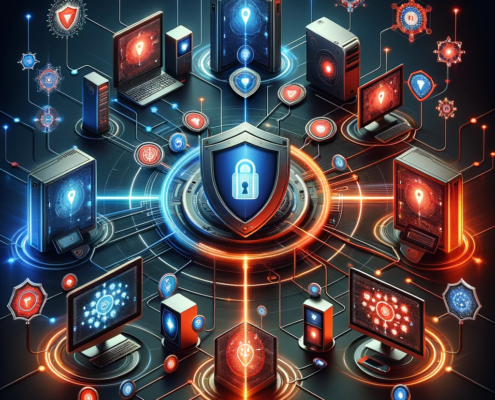 The image displays a futuristic and secure network of interconnected devices, including smart devices, sensors, and computers, all encased in protective shields.