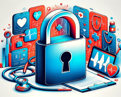 This image is a vibrant, landscape-format digital illustration depicting data security in the healthcare industry.