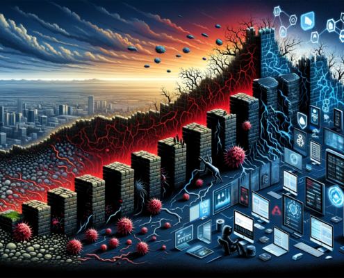 The image is a landscape-oriented digital artwork that visualizes the evolution of network security strategies.