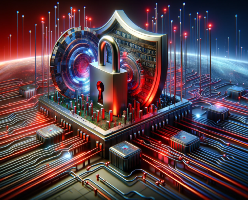 The image depicts a fortified digital network symbolizing strong network security. It features a large, metallic lock, a vibrant firewall, and a robust shield, integrated within a complex digital network.