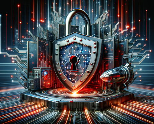 The image depicts a fortified digital network, symbolizing strong network security. It features a large metallic lock, a robust firewall with digital flames, and a sturdy shield with circuit patterns, all set against a backdrop of flowing digital data.