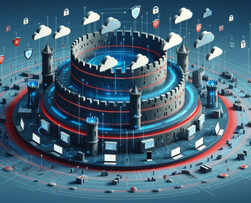 The image depicts a landscape-oriented digital fortress symbolizing advanced cybersecurity defenses.