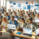 The image portrays an engaging classroom environment where a diverse group of professionals are participating in a cybersecurity training workshop.