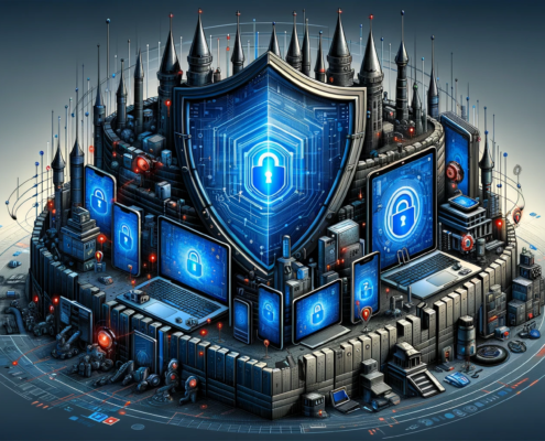 The image depicts a fortified digital landscape representing endpoint security. It features various devices such as laptops, smartphones, and tablets, each enclosed within a transparent protective barrier, symbolizing robust security measures.