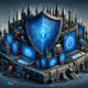 The image depicts a fortified digital landscape representing endpoint security. It features various devices such as laptops, smartphones, and tablets, each enclosed within a transparent protective barrier, symbolizing robust security measures.