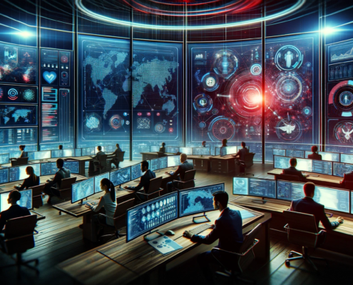 The image shows a cybersecurity team composed of diverse individuals actively monitoring threats in real-time within a modern, high-tech command center.
