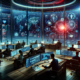 The image shows a cybersecurity team composed of diverse individuals actively monitoring threats in real-time within a modern, high-tech command center.