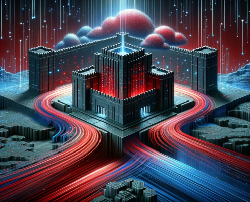 An illustration depicting a digital fortress symbolizing data protection, with vibrant red encrypted data streams flowing into a secure cloud storage facility. The fortress, highlighted in dark blue with red accents, stands amidst a digital landscape suggesting cyber threats. The background transitions from dark blue to light grey, integrating IPRO's branding colors.