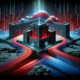 An illustration depicting a digital fortress symbolizing data protection, with vibrant red encrypted data streams flowing into a secure cloud storage facility. The fortress, highlighted in dark blue with red accents, stands amidst a digital landscape suggesting cyber threats. The background transitions from dark blue to light grey, integrating IPRO's branding colors.