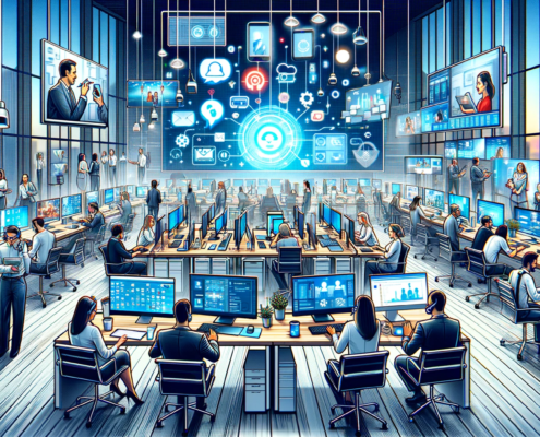 The illustration captures a modern workplace where employees are utilizing unified communications technologies on various devices, highlighting efficiency and collaboration. IPRO's branding colors are integrated throughout the scene, with energetic red accents, deep night blue for technology elements, and a crisp white background for a clean, modern look. If there's any detail you'd like to adjust or add, feel free to let me know!