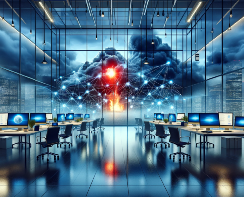 The image portrays a calm office space, equipped to face potential external disasters with resilience and preparedness. Inside, a secure network of glowing lines connects all devices, symbolizing a strong, interconnected business environment. This scene integrates IPRO's branding colors, adding layers of strength, sophistication, and clarity to the composition. If there's any aspect you'd like to adjust or explore further, I'm here to help!