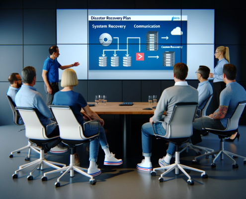 A business leader in casual attire presents a disaster recovery plan to a team also dressed casually, in a modern conference room. They are surrounded by digital screens displaying system recovery timelines and communication flowcharts. The casual clothing of the participants, including jeans, t-shirts, and sneakers, contrasts with the seriousness of the disaster preparedness discussion, creating a relaxed yet focused atmosphere. The room is designed with IPRO's branding colors: vibrant red accents, deep night blue for sophistication, and crisp white for clarity, emphasizing a laid-back corporate culture that values preparedness and teamwork.