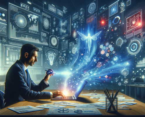 A Virtual Chief Information Officer (vCIO) focuses intently on a laptop, from which futuristic big data analytics visualizations—complex graphs, flowcharts, and holographic data points—emerge into the air, symbolizing deep insights and growth opportunities for small businesses. The scene, set against a deep night blue background, features dynamic red accents within the data visualizations and crisp white highlights, adhering to IPRO’s branding color palette. This artwork represents the transformative impact of vCIO services and big data analytics on enhancing small business strategies and potential.