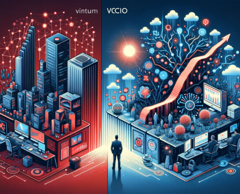 A visual comparison between two businesses, one on the left without vCIO involvement showing modest growth and limited connectivity, and one on the right with vCIO services, displaying a robust growth curve, interconnected devices, and rich data visualizations. The scene uses IPRO’s branding colors: dynamic red highlights the growth and connectivity of the business with vCIO, deep night blue adds technological depth, and crisp white brings clarity to the modern digital ecosystem. This illustration emphasizes the transformative impact and success of integrating vCIO services.